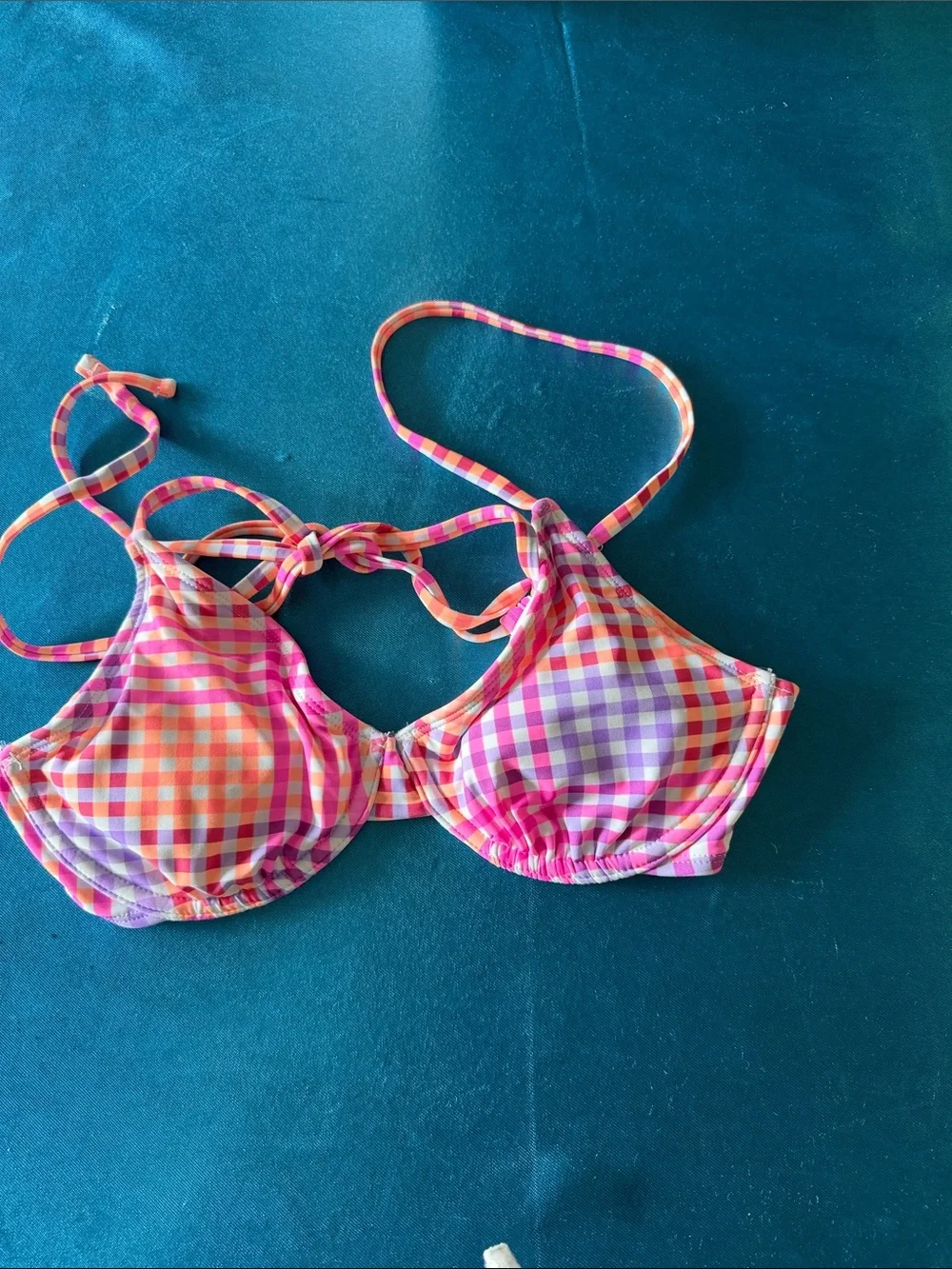 Xhilaration Pink Orange Purple Gingham Tie-Back Girls Swim Bikini Top
